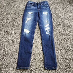 Bke Billie Slim Fit High Rise Ankel Skinny Jeans,Womens 26, Destruction Darkwash